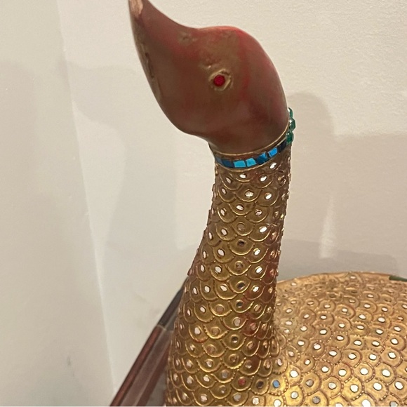 Folk Art Hand Carved Wood Decorated Golden Goose Sculpture Embossed Stone Carved - Picture 6 of 12